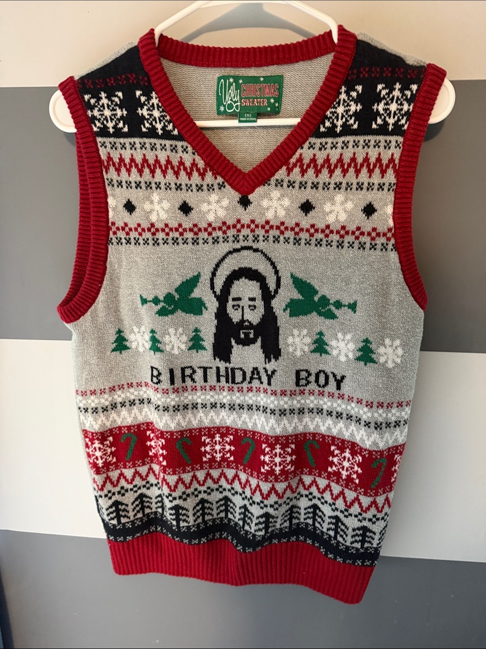 Ugly Christmas Sweater Men's V-Neck Vest - Gray, Red & Green